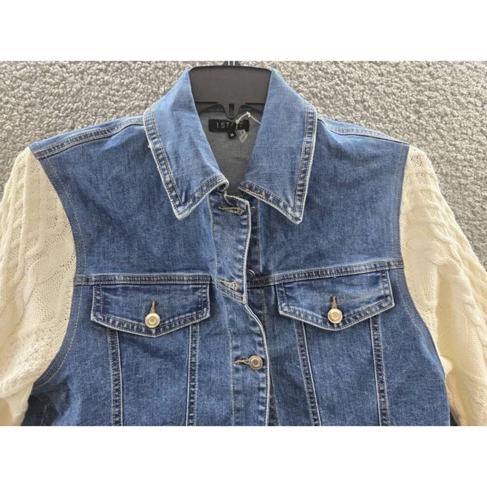 1. State Sweater-Sleeve Denim Jacket Women's M Blue/Ivory Button Closure L/S
